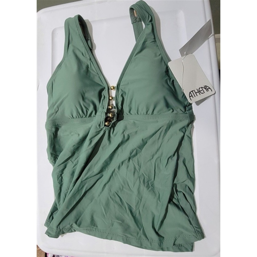 NWT Athena 6 Deep V Olive Green Beaded Tankini Swim Top #120551